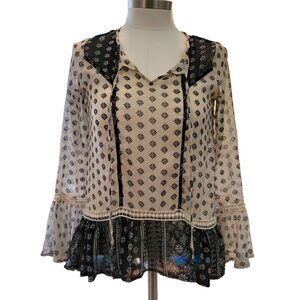 Boho Sheer Blouse Womens Size Small Black White Print Flowy Long Sleeve JJ3488